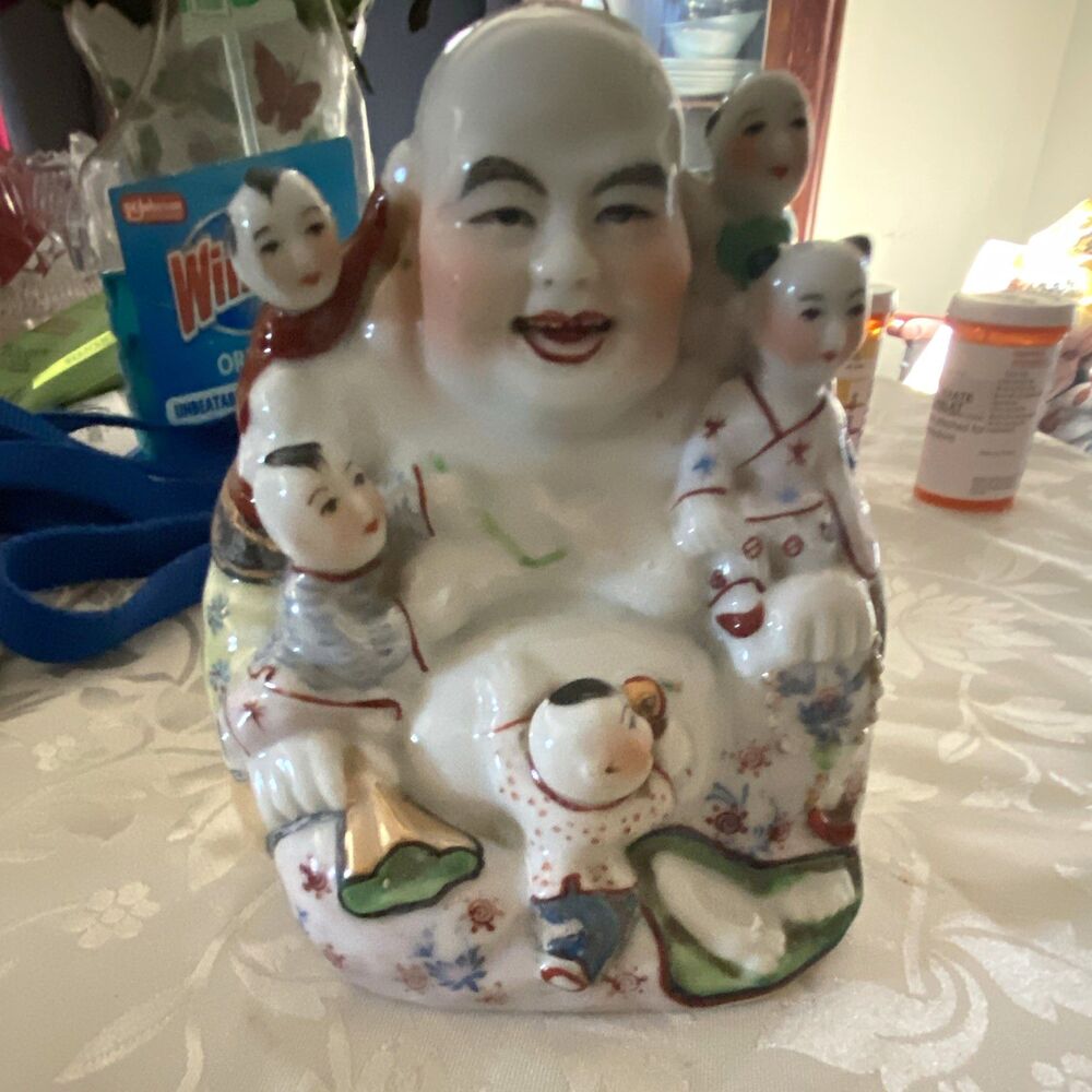 Ceramic Laughing Buddha Figurine with Children, Multicolor Floral, Glossy